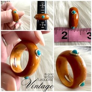 Vintage 14k gold Turquoise and wood ring GSJ